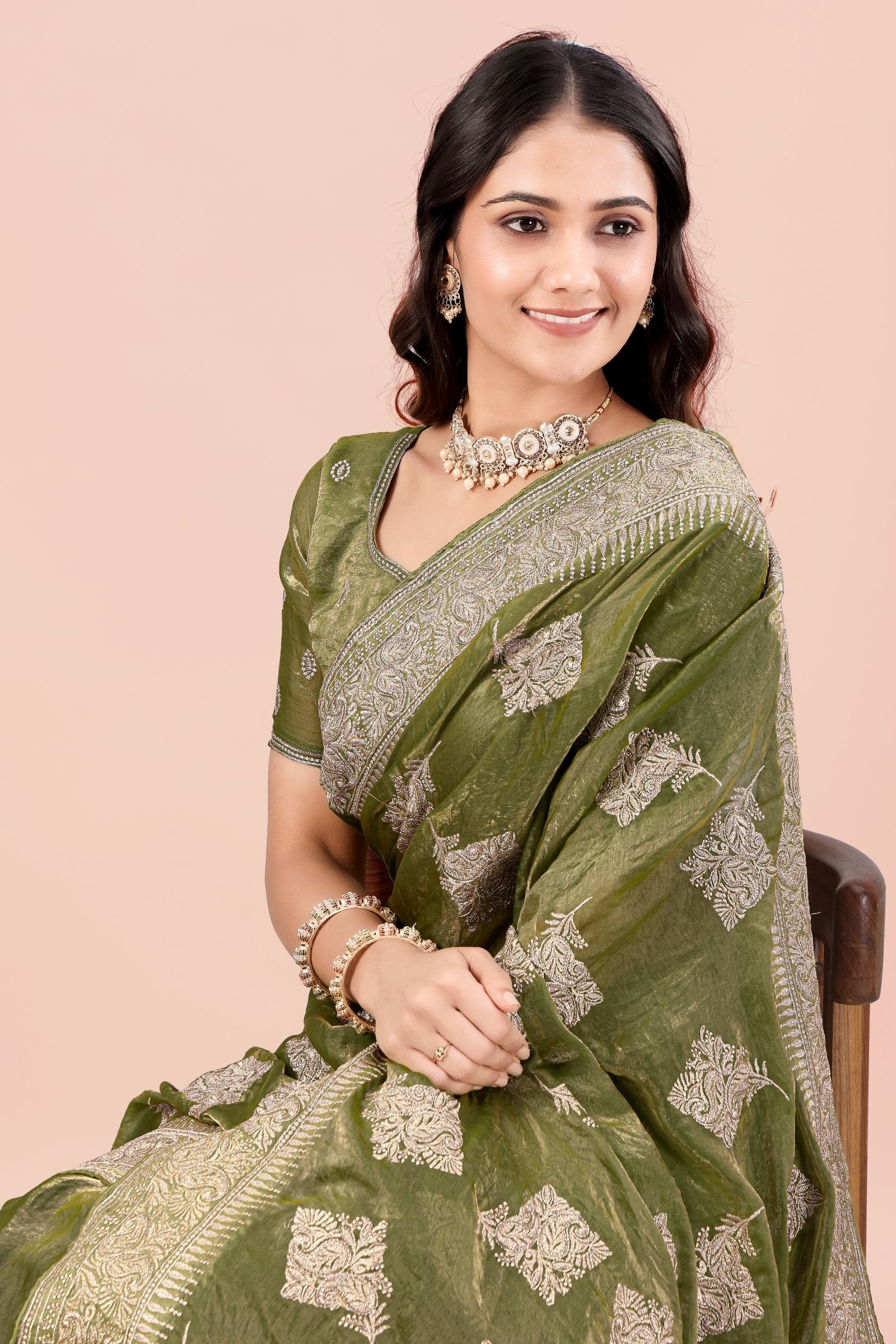 Vanya — Green Traditional Embroidered Frendy Satin Saree
