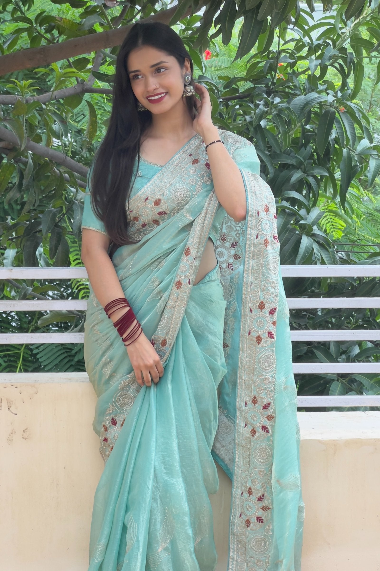 Varidhi — Aqua Chiffon Saree with Zari Floral Embroidery Saree