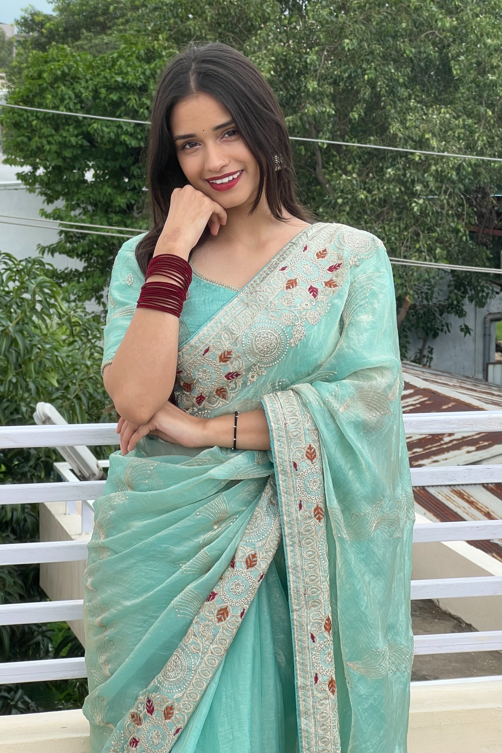 Varidhi — Aqua Chiffon Saree with Zari Floral Embroidery Saree