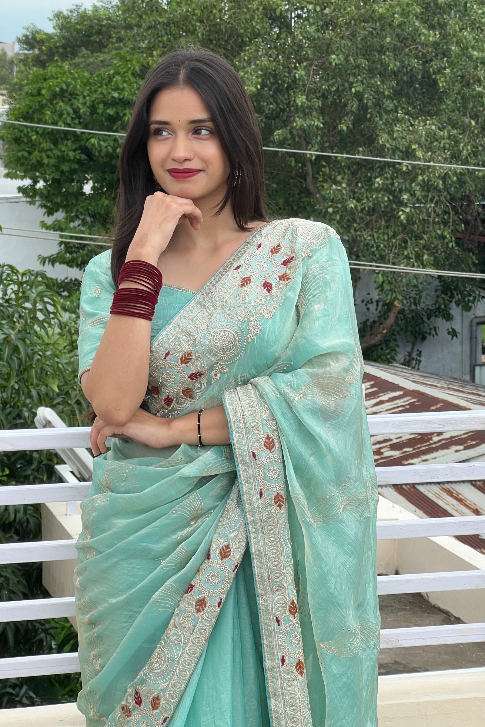 Varidhi — Aqua Chiffon Saree with Zari Floral Embroidery Saree
