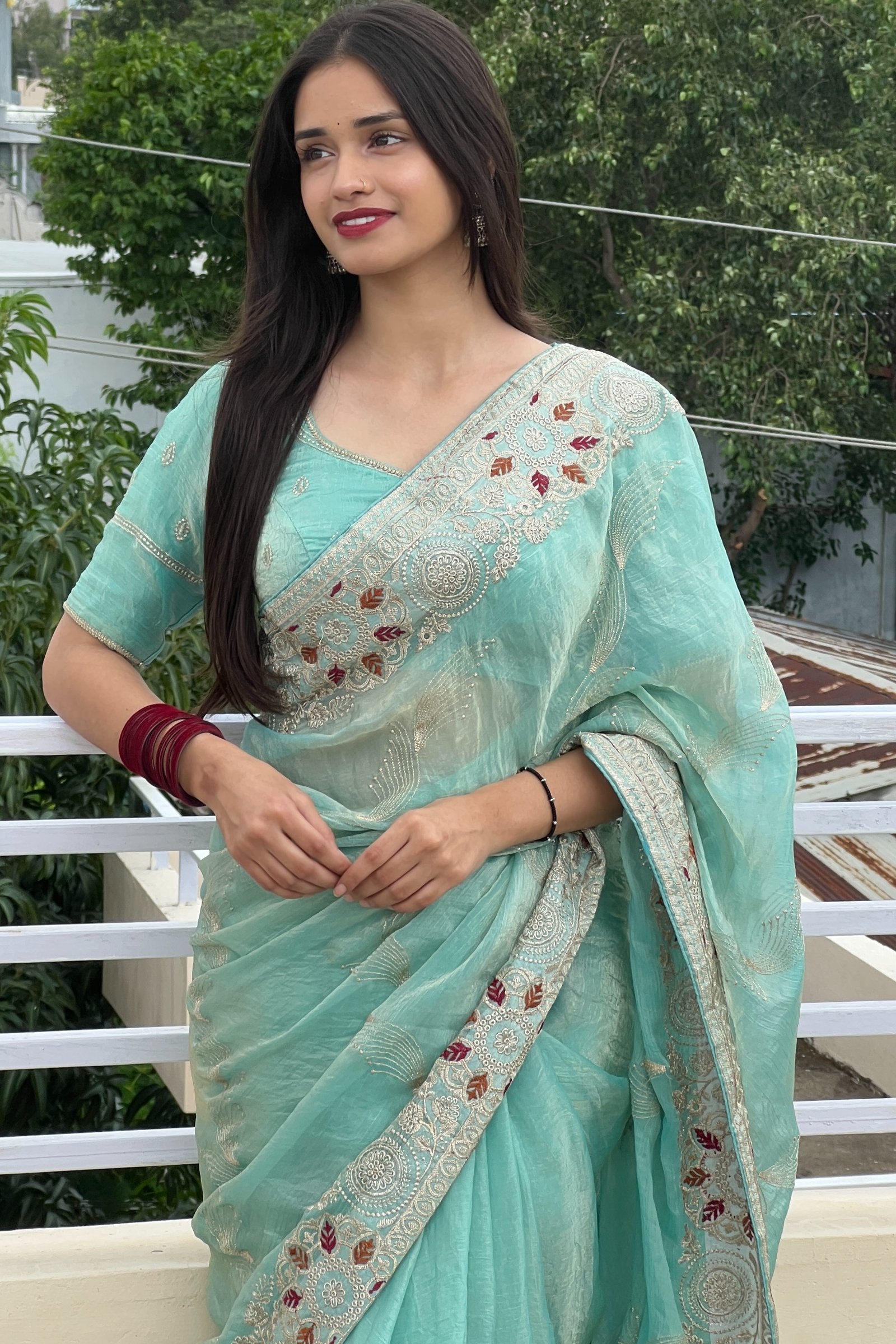 Varidhi — Aqua Chiffon Saree with Zari Floral Embroidery Saree