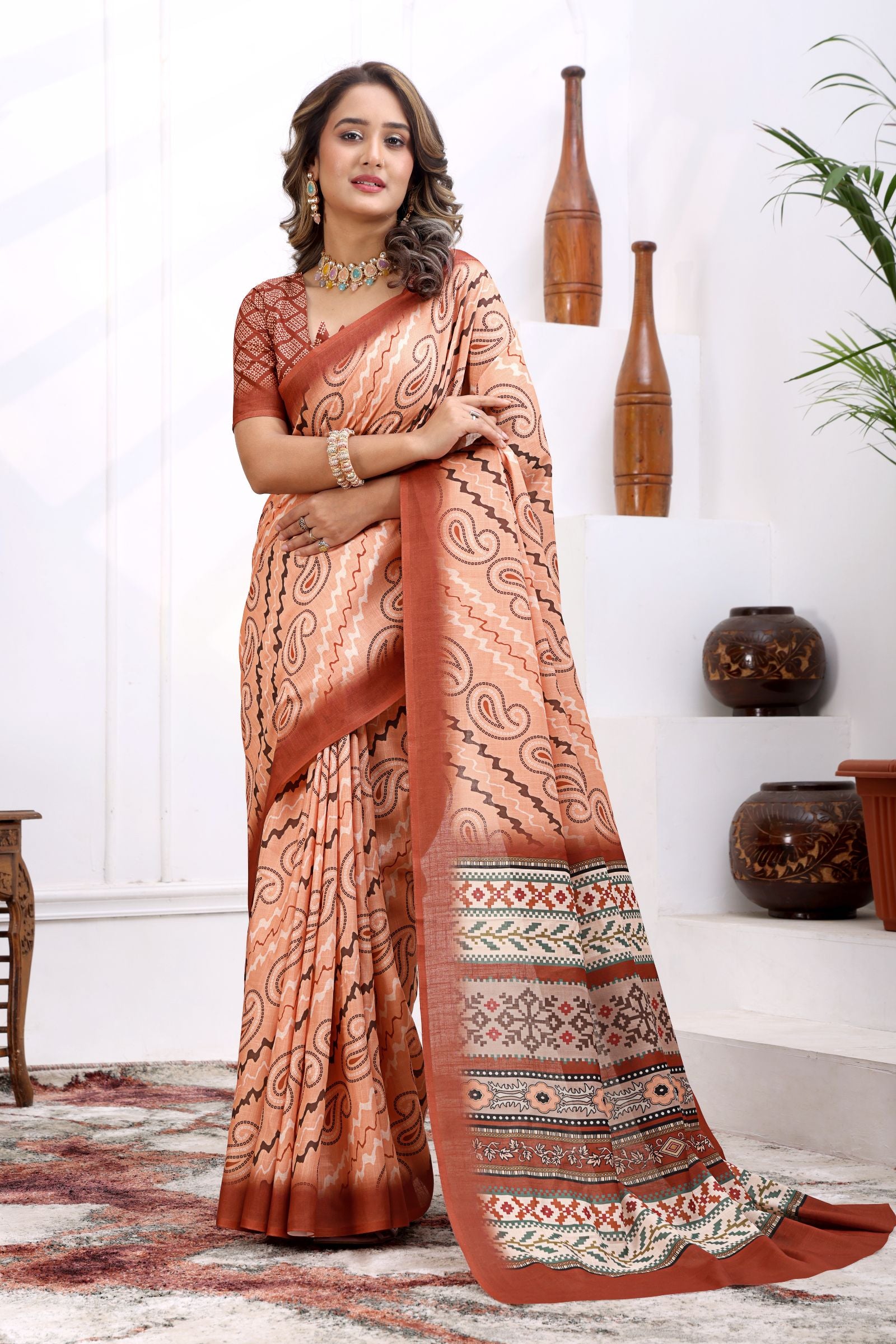 Vasanthi — Rust and Peach Paisley Motif Cotton Linen Saree