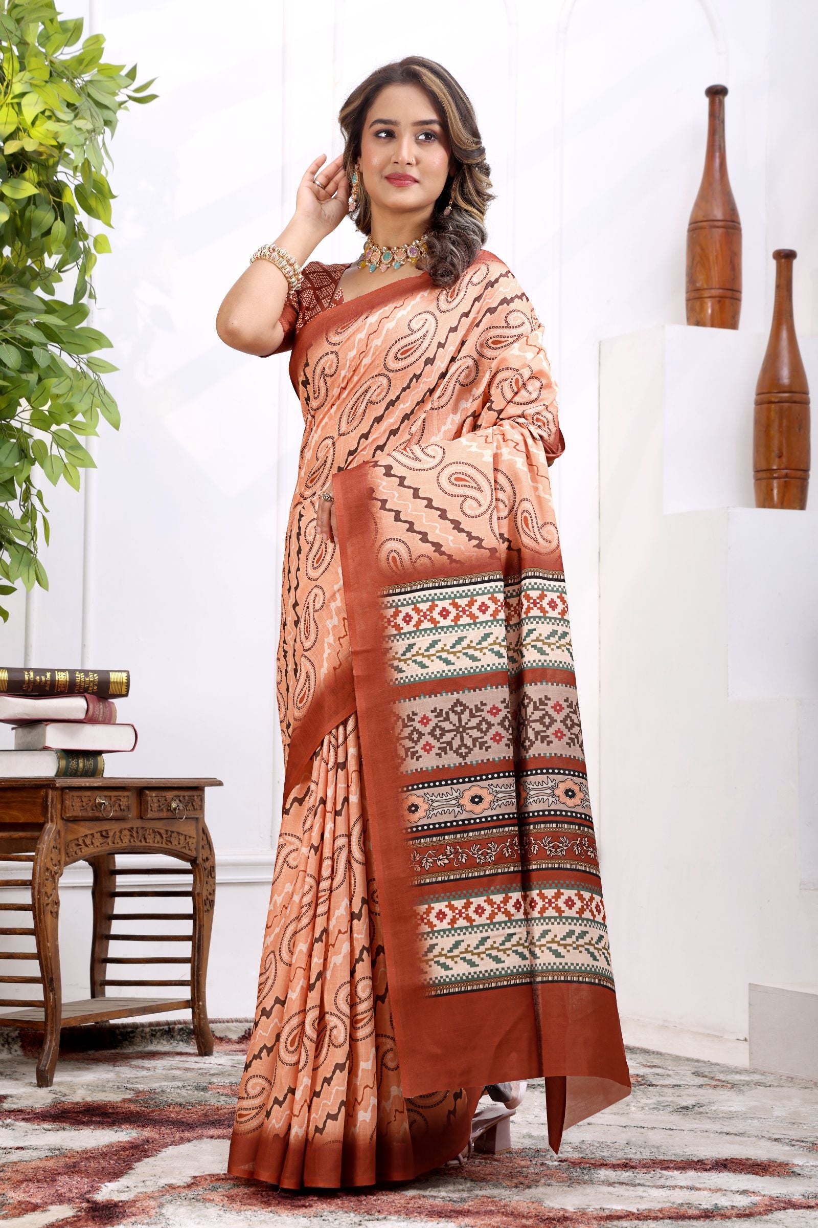 Vasanthi — Rust and Peach Paisley Motif Cotton Linen Saree
