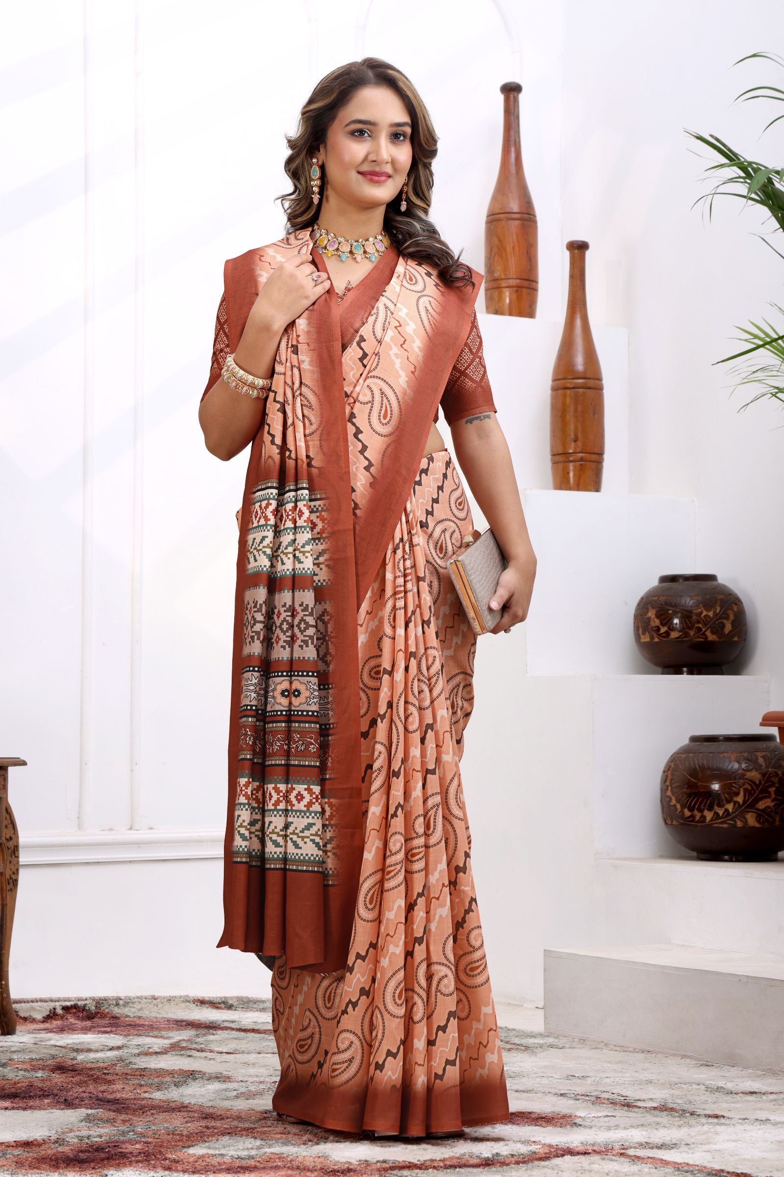 Vasanthi — Rust and Peach Paisley Motif Cotton Linen Saree