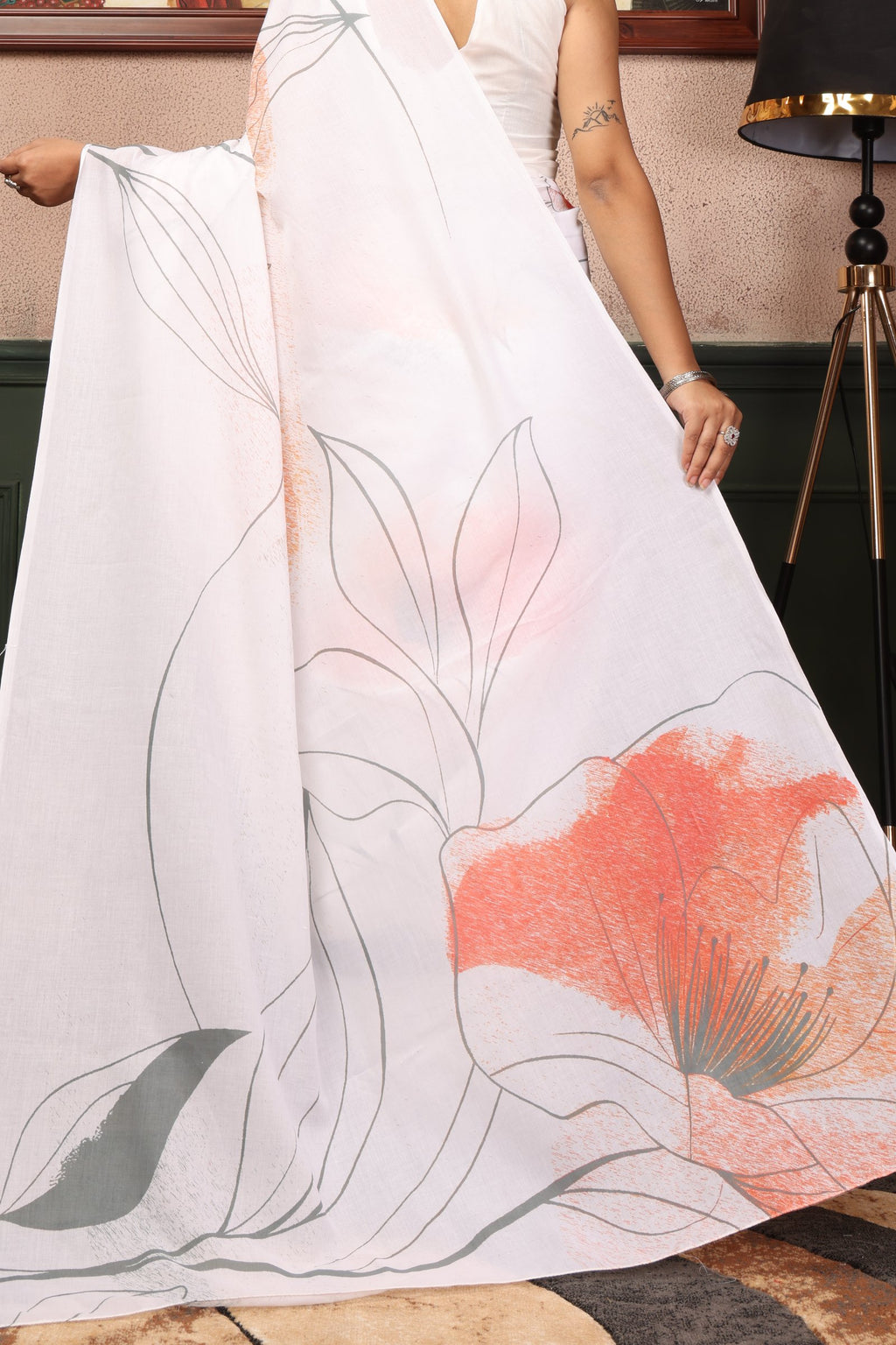 Vasudhara — Subtle Petal Print Mull Cotton Saree