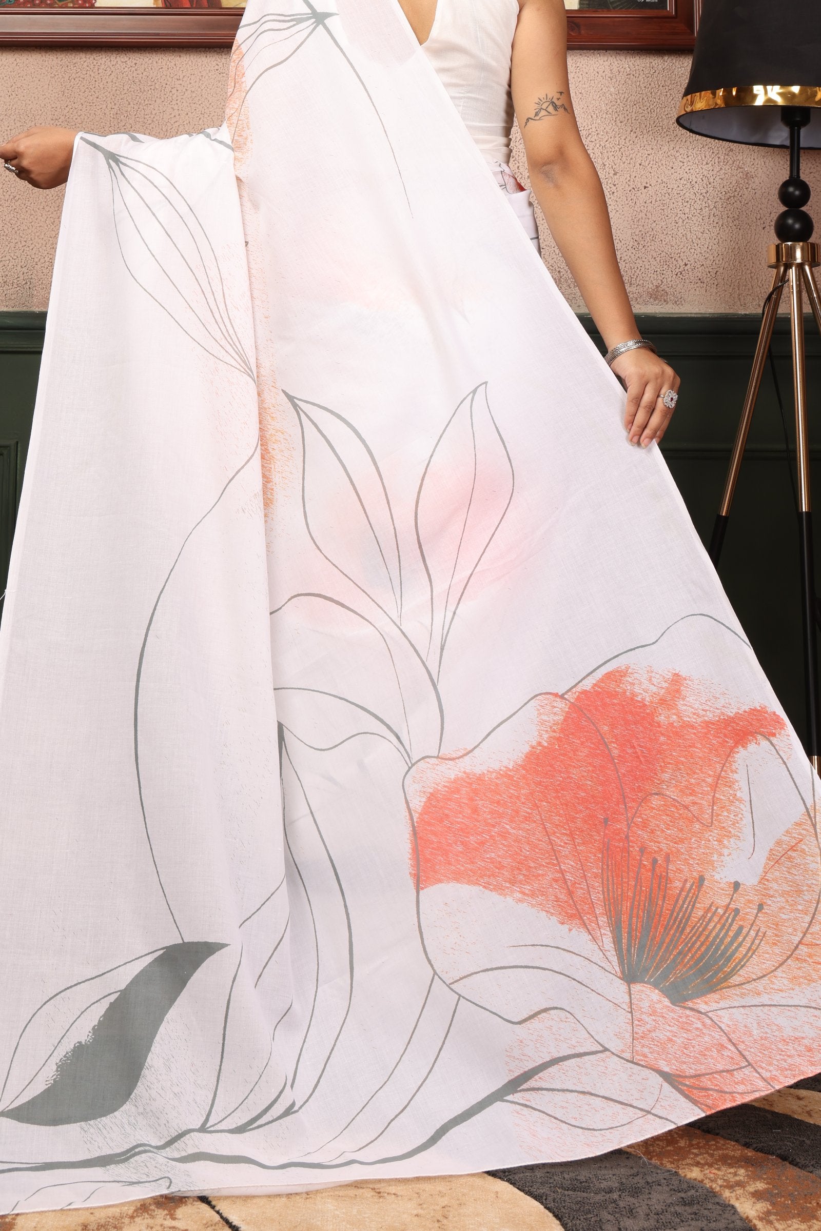 Vasudhara — Subtle Petal Print Mull Cotton Saree