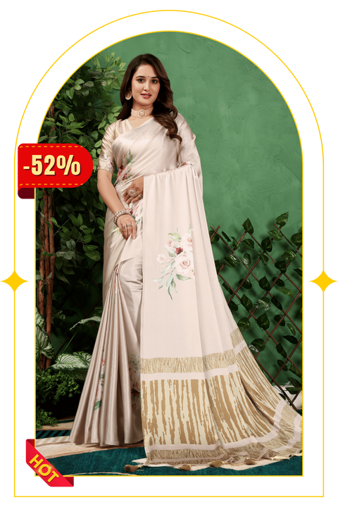 Aabha — Subtle Gold Floral Print Silk Saree