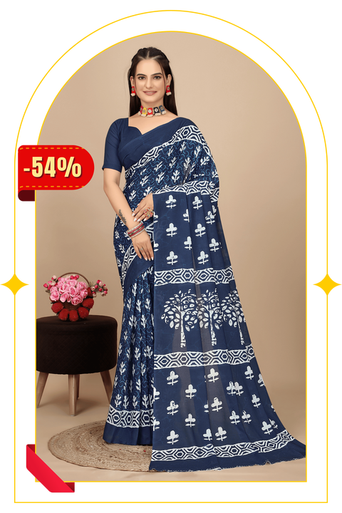 Akriti — Soft Indigo White Tree Motif Cotton Saree