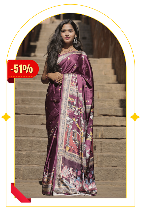 Saanvi — Royal Maroon Madhubani Art Silk Saree
