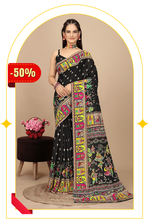 Utsavi — Vibrant Folk Art Black Silk Saree
